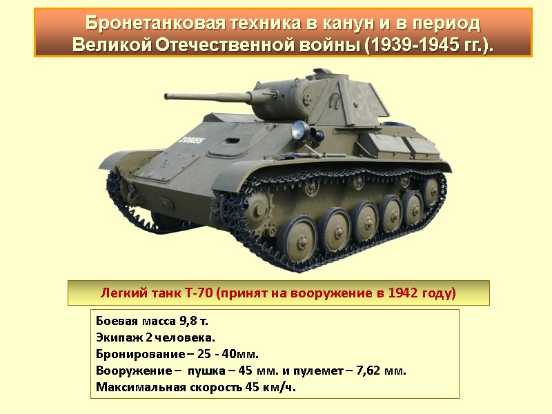 Легкий танк Т-70 (принят на вооружение в 1942 году) Боевая масса 9,8 т. 